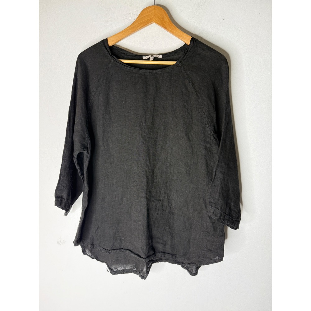 Tempo Paris Black Linen Top 3/4 Sleeve Raw Hem Blouse Womens SM